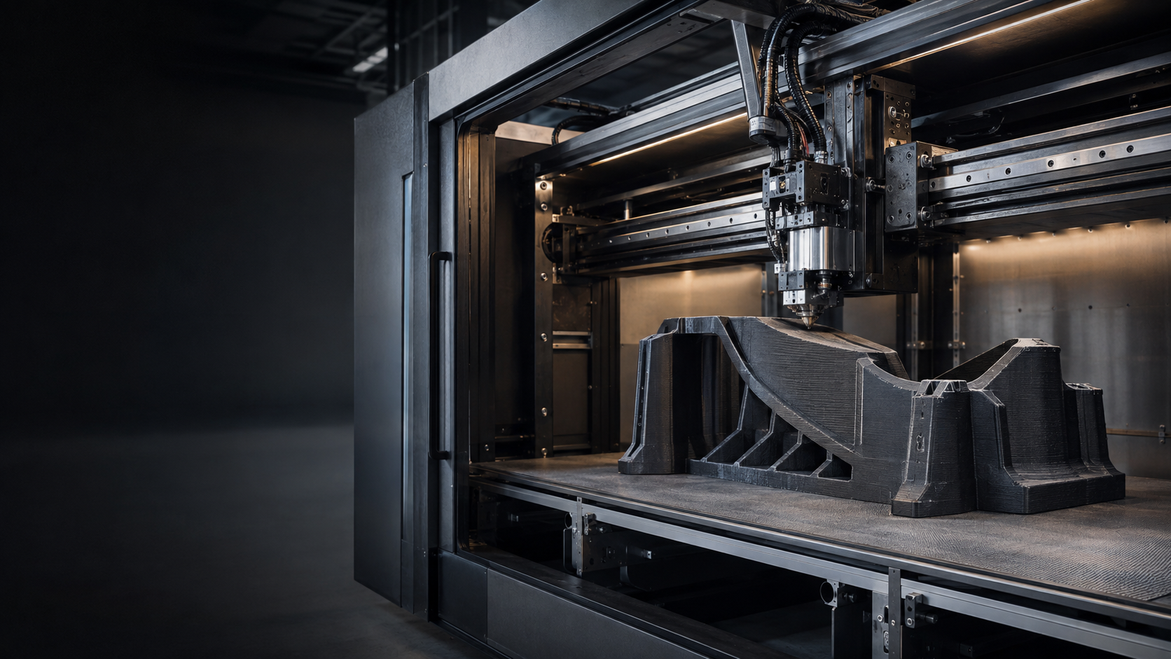 Large-format industrial additive manufacturing cell producing a functional polymer component